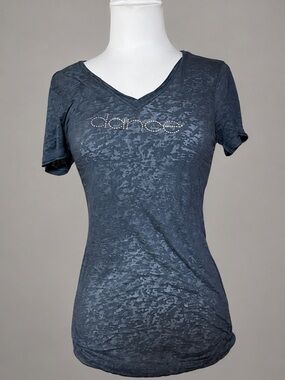 3 Pearls XL Blue Burnt Velvet Pattern Dance Rhinestone Embellished Top